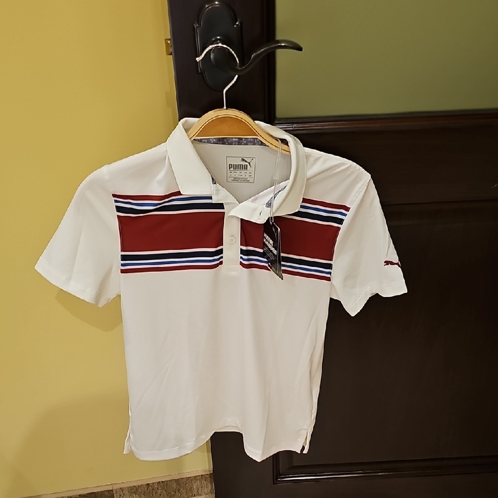 BNWT Puma DryCell  Kids White Base  and Burgundy and blue  Striped Polo Shirt